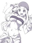  1girl blush breasts erect_nipples female fullmetal_alchemist happy large_breasts long_hair metata monochrome navel open_mouth smile solo sweat underboob winry_rockbell 