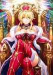  1girl ahoge artoria_pendragon_(all) artoria_pendragon_(lancer) backlighting bangs bell braid breasts bridal_gauntlets cape christmas closed_mouth crown fate/grand_order fate_(series) french_braid fur_trim green_eyes hair_between_eyes hat highres hips large_breasts legs_crossed leotard long_hair looking_at_viewer red_legwear red_leotard sakiyamama santa_costume santa_hat sidelocks sitting solo swept_bangs thighs throne 