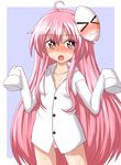  &gt;_&lt; blush closed_eyes collarbone face-to-face hata_no_kokoro long_hair looking_at_viewer no_pants open_mouth oversized_clothes panties pink_eyes pink_hair pink_panties shirt sleeves_past_fingers sleeves_past_wrists solo teoi_(good_chaos) thighs touhou underwear very_long_hair wavy_mouth 