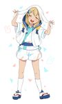  animal_hood bad_id bad_pixiv_id blonde_hair bunny bunny_hood closed_eyes cosplay ensemble_stars! full_body hood inazuma_eleven inazuma_eleven_(series) kneehighs long_hair male_focus miyasaka_ryou open_mouth rabbits_(ensemble_stars!) sandals simple_background socks solo tabi tassel tomo_(sjim) white_background 