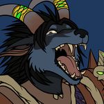  2015 anthro armor black_hair black_nose blue_fur canine female fur green_eyes hair horn horn_ring looking_at_viewer mammal paralee_(character) plain_background pointy_ears ratte reaction_image solo video_games warcraft were werewolf worgen 