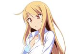  :o ahoge bad_id bad_pixiv_id blonde_hair bra breasts cleavage collarbone ling_zhilei long_hair medium_breasts open_clothes open_mouth open_shirt orange_eyes sakura-sou_no_pet_na_kanojo shiina_mashiro shiny shiny_hair shiny_skin shirt simple_background solo underwear white_background white_shirt 