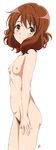  1girl blush breasts brown_hair female from_side hibike!_euphonium looking_at_viewer looking_back navel nipples nude oumae_kumiko pubic_hair short_hair signature simple_background small_breasts smile solo vzmk2 white_background yellow_eyes 