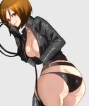  ass bad_anatomy bad_id bad_pixiv_id breasts brown_eyes brown_hair choker cleavage cosplay cross gloves highres hohehohe jacket jewelry k' k'_(cosplay) large_breasts panties short_hair smile solo the_king_of_fighters thighhighs twisted_torso underwear whip whip_(kof) 