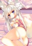  animal_ear_fluff animal_ears ass bare_shoulders blue_eyes blush bra breasts commentary_request long_hair looking_at_viewer lying medium_breasts on_side original p19 panties panty_pull partially_visible_vulva polka_dot polka_dot_bra silver_hair solo tail underwear white_bra white_panties 