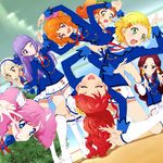  aikatsu! aikatsu!_(series) amahane_madoka blonde_hair blue_eyes blush bow brown_eyes brown_hair commentary_request embarrassed fujiwara_miyabi_(aikatsu!) green_eyes hair_bow hair_ornament hairband hikami_sumire kurebayashi_juri kurisu_kokone kurosawa_rin_(aikatsu!) long_hair looking_at_viewer multicolored_hair multiple_girls oozora_akari open_mouth orange_hair pink_hair ponytail pose purple_eyes purple_hair red_hair school_uniform shin_(irowanioedo) shinjou_hinaki short_hair silver_hair smile starlight_academy_uniform twintails yellow_eyes 