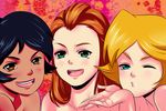  alex alex_(totally_spies) black_hair blonde_hair blown_kiss blue_eyes brown_eyes clover clover_(totally_spies) gradient gradient_background green_eyes kiss multiple_girls nude one_eye_closed red_hair sam sam_(totally_spies) totally_spies wink 