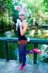  1girl animal_ears belt bridge bunny_ears bunny_tail bunnysuit collar cosplay dy_chan glove gloves high_heels league_of_legends outdoor outdoors pantyhose photo riven_(league_of_legends) river spandex tail white_wig wig 