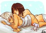  1boy 1girl bed brown_hair close_eyes laying league_of_legends nipple nude pillow rabbit riven_(league_of_legends) romance scar short_hair talon_(league_of_legends) tan_skin teddy white_hair 