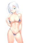  arm_behind_back bad_id bad_pixiv_id bikini breasts contrapposto cowboy_shot curry_fuumi grey_bikini hair_ornament hair_over_one_eye hamakaze_(kantai_collection) kantai_collection medium_breasts micro_bikini navel short_hair simple_background solo standing strap_pull swimsuit white_background white_hair 