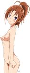  1girl blush breasts brown_hair female from_side hibike!_euphonium high_ponytail long_hair looking_at_viewer looking_back nakagawa_natsuki navel nipples nude ponytail pubic_hair purple_eyes signature simple_background smile solo vzmk2 white_background 
