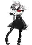  :&gt; arm_behind_back breasts full_body gatchaman_crowds high-waist_skirt ichinose_hajime large_breasts pantyhose ribbon short_hair simple_background sketch skirt solo spot_color standing ukyo_rst underbust v white_background 