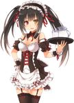  alternate_costume bare_shoulders black_hair black_legwear blush breasts cleavage clock_eyes date_a_live detached_collar dress enmaided extraction garter_straps hairband hand_on_hip heterochromia lolita_fashion lolita_hairband long_hair looking_at_viewer maid maid_headdress medium_breasts red_eyes red_ribbon ribbon smile solo symbol-shaped_pupils thighhighs tokisaki_kurumi transparent_background tray twintails waitress yellow_eyes 