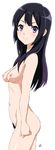  1girl black_hair blush breasts female from_side hibike!_euphonium kousaka_reina long_hair looking_at_viewer looking_back navel nipples nude pubic_hair purple_eyes signature simple_background smile solo vzmk2 white_background 