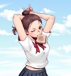  adjusting_hair arms_up blue_sky brown_hair cloud day food food_in_mouth jasmin_darnell mouth_hold one_eye_closed original outdoors pleated_skirt skirt sky solo toast toast_in_mouth tying_hair 