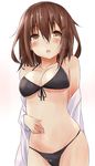  absurdres bare_shoulders bikini black_bikini blush breasts brown_eyes brown_hair hair_ornament hairclip hand_on_own_stomach highres ikazuchi_(kantai_collection) kantai_collection looking_at_viewer medium_breasts navel off_shoulder older open_clothes open_mouth open_shirt saku_(kudrove) shirt short_hair solo stomach swimsuit 