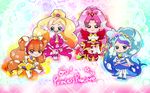  akagi_towa amanogawa_kirara boots chibi commentary_request cure_flora cure_mermaid cure_scarlet cure_twinkle earrings go!_princess_precure haruno_haruka highres jewelry kaidou_minami midriff multiple_girls nsmr_(yurayura39) pointy_ears precure tiara 