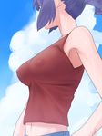  alternate_hairstyle amino_(tn7135) bad_id bad_pixiv_id blue_hair blue_sky breasts cloud contemporary covered_nipples crop_top day large_breasts looking_away no_bra ponytail sky sleeveless solo sweat touhou upper_body yasaka_kanako 