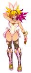  animal_ears boots breasts bunny_ears bunny_girl bunnysuit card female genderswap iv_(yuu-gi-ou_zexal) knee_boots large_breasts scar simple_background smile solo thighhighs wink yu-gi-oh! yuu-gi-ou_zexal 