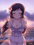  arms_behind_back backlighting blush breasts cleavage closed_eyes cowboy_shot dress earrings flower frills hair_flower hair_ornament highres incoming_kiss jewelry langbazi long_hair love_live! love_live!_school_idol_project medium_breasts ocean outdoors parted_lips purple_hair see-through signature solo sunset toujou_nozomi twintails 