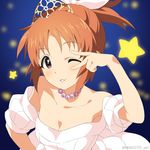  abe_nana breasts cleavage dress idolmaster idolmaster_cinderella_girls jewelry looking_at_viewer medium_breasts mizuki_makoto necklace one_eye_closed orange_hair ponytail red_eyes ribbon short_hair smile solo star tiara white_dress 