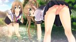  2girls ass bent_over blue_eyes blush breasts brown_hair cameltoe cleavage embarrassed game_cg green_eyes happy highres leaning_forward legs long_hair looking_at_viewer looking_back mountain multiple_girls noba open_mouth panties pantyshot partially_submerged river school_uniform skirt sky smile thighs trefoil twintails underwear upskirt water yobai_suru_shichinin_no_harame_2 