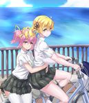  alternate_breast_size bicycle blonde_hair blush breasts commentary_request drill_hair ground_vehicle hair_ornament hair_ribbon hairpin highres hug hug_from_behind huge_breasts kaname_madoka kneehighs mahou_shoujo_madoka_magica mizuumi_(bb) multiple_girls multiple_riders no_bra pink_eyes pink_hair ribbon riding school_uniform see-through short_hair short_twintails sidesaddle thighhighs tomoe_mami twin_drills twintails white_legwear yellow_eyes 