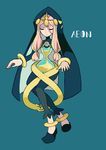  1girl aeon_(skullgirls) blonde_hair blue_background character_name eyes_closed female hood hourglass long_hair simple_background skullgirls solo yxyx_ika 