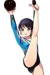  arms_up ball black_eyes black_hair black_leotard blue_leotard feet gymnast_leotard gymnastics half-soles highres leg_lift leg_up leotard matsunaga_kouyou original rhythmic_gymnastics short_hair solo split standing standing_on_one_leg standing_split 