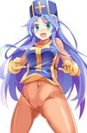  blue_eyes blue_hair blush bodysuit breasts cameltoe covered_navel dragon_quest dragon_quest_iii e.o. gloves highres large_breasts long_hair looking_at_viewer open_mouth orange_bodysuit priest_(dq3) skin_tight smile solo tabard very_long_hair yellow_gloves 