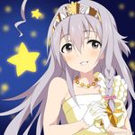  ahoge braid dress gloves grey_hair hoshi_shouko idolmaster idolmaster_cinderella_girls jewelry long_hair looking_at_viewer mizuki_makoto necklace purple_eyes ribbon smile solo star tiara white_dress white_gloves 