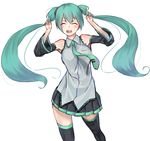  absurdres aqua_hair black_legwear closed_eyes commentary_request detached_sleeves hatsune_miku highres holding holding_hair long_hair necktie open_mouth rolua skirt sleeveless solo thighhighs twintails very_long_hair vocaloid 