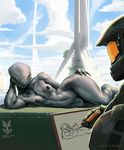 alien anthro armor breasts claws cloud digitigrade doodle drawing female halo_(series) hand_on_hip lying master_chief nude on_side orange_eyes pussy sangheili sweat video_games wide_hips zaggatar 