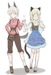  :d alternate_costume animal_ears aohashi_ame blonde_hair blush breasts brown_footwear brown_pants cat_ears cat_tail cleavage dirndl dress_shirt eila_ilmatar_juutilainen fox_ears fox_tail full_body german_clothes glasses hand_on_hip heart highres holding_hands leg_up long_hair long_sleeves looking_at_another multiple_girls open_mouth pants perrine_h_clostermann plaid plaid_shirt purple_eyes shadow shirt shoes silver_hair simple_background small_breasts smile socks standing strike_witches tail traditional_clothes white_background world_witches_series yellow_eyes yuri 
