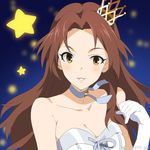  breasts brown_eyes brown_hair choker cleavage crown elbow_gloves gloves idolmaster idolmaster_cinderella_girls kawashima_mizuki long_hair medium_breasts mizuki_makoto ribbon smile solo star white_gloves 