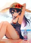  arm_up armpits black_hair blush bottle bow breasts cleavage commentary_request flower hat hat_flower hibiscus kantai_collection large_breasts long_hair one-piece_swimsuit polka_dot polka_dot_swimsuit sitting smile solo sun_hat swimsuit ushio_(kantai_collection) water_bottle yadapot 