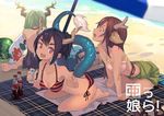  animal_ears bare_arms barefoot beach bikini black_hair blush breasts brown_hair cleavage coca-cola day error fang feet green_hair horns looking_at_viewer lying medium_breasts multiple_girls open_mouth original outdoors red_eyes sand shade sitting soles striped striped_bikini swimsuit tail toes water wrong_feet yoo_(tabi_no_shiori) 