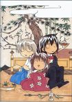  2boys alternate_costume animal_ears artbook black_hair bob_cut brown_hair choker formal fox_ears hakama haruka_(tactics) higashiyama_kazuko highres ichinomiya_kantarou japanese_clothes kimono kinoshita_sakura multiple_boys official_art open_mouth scan short_hair silver_hair smile suit tactics traditional_media youko_(tactics) 