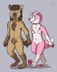  blue_eyes brown_fur canine dog felicity_fluff female fur go_kart(artist) hyena male mammal pink_fur pink_nose walking 