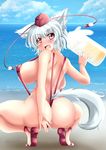  alcohol areola_slip areolae ass backboob beach beer beer_mug breasts covered_nipples day fang from_behind huge_breasts inubashiri_momiji sketch slingshot slingshot_swimsuit solo squatting swimsuit tears touhou white_hair wontam 