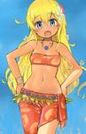  :o bandeau blonde_hair blue_background blue_eyes bracelet breasts cleavage fangs flower gardenia_(flower) hair_flower hair_ornament hands_on_hips jewelry long_hair navel necklace nijitama_shiyushiyu open_mouth original small_breasts smile solo swimsuit tahiti_girl tan tanline 