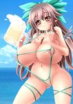  alcohol areola_slip areolae beer beer_mug breasts brown_hair fishnets huge_breasts long_hair navel reiuji_utsuho sketch slingshot slingshot_swimsuit smile solo swimsuit touhou wontam 