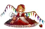  adapted_costume alternate_costume alternate_headwear apple ascot asymmetrical_hair blonde_hair blush cage corset crystal flandre_scarlet flower food frills fruit long_sleeves looking_away pointy_ears puffy_sleeves red_eyes rose side_ponytail simple_background sitting skirt solo stuffed_animal stuffed_toy teddy_bear touhou white_background wide_sleeves wings yuren 