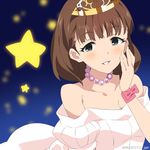  blue_eyes blush breasts brown_hair cleavage dress hand_on_own_chest idolmaster idolmaster_cinderella_girls jewelry mizuki_makoto necklace pearl_necklace ribbon sakuma_mayu short_hair small_breasts solo star tiara white_dress wrist_bow 