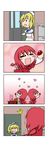  2girls 4koma absurdres blonde_hair blush_stickers bowl braid caught chibi comic food fruit hat heart highres kitashirakawa_chiyuri long_hair multiple_girls neckerchief okazaki_yumemi open_door open_mouth rakugaki-biyori red_hair sailor_hat silent_comic strawberry strawberry_milk surprised sweatdrop touhou touhou_(pc-98) twintails very_long_hair walk-in 