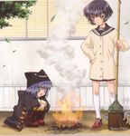  2girls air broom fire hand_on_hips multiple_girls outside smoke squatting 