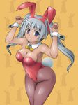  animal_ears arms_up blue_eyes bow bowtie bunny_ears bunny_tail bunnysuit dark_skin detached_collar long_hair original pantyhose silver_hair tail twintails utagawa_masaya wrist_cuffs 