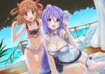  2girls beach blue_eyes blush breasts cleavage commentary_request hair_ornament hair_rings highres hoshino_shizuru inosaki_rino large_breasts long_hair looking_at_viewer multiple_girls navel ocean open_mouth orange_hair princess_connect! princess_connect!_re:dive purple_hair ribbon sky small_breasts swimsuit sylvaniaf 