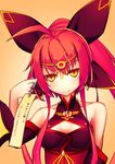  ahoge bare_shoulders cleavage_cutout dobunezumi elsword fang highres ignia_(elsword) long_hair looking_at_viewer ponytail red_hair slit_pupils smile solo tiara translated yellow_background yellow_eyes 