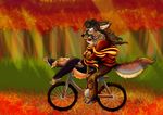 akasha_orzora anthro barefoot bike brown_hair canine clothed clothing duo fangs feline female hair hand_holding invalid_tag male male/female mammal open_mouth outside scarf smile teeth tongue tree 